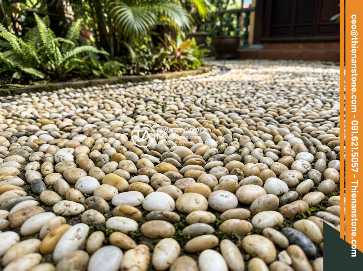Sỏi Biển Trang Trí: Ưu Điểm Và Ứng Dụng Trong Tiểu Cảnh - Hình 6 Sỏi Biển Trang Trí: Ưu Điểm Và Ứng Dụng Trong Tiểu Cảnh - Assorted sea gravel pebbles in mixed colors arranged in a decorative pattern for