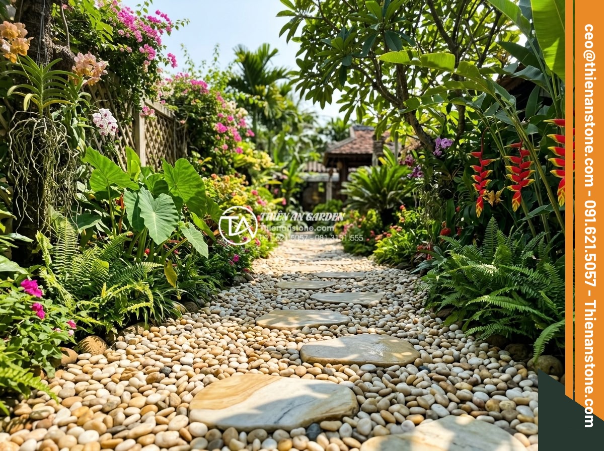 Sỏi Biển Trang Trí: Ưu Điểm Và Ứng Dụng Trong Tiểu Cảnh - Hình 7 Sỏi Biển Trang Trí: Ưu Điểm Và Ứng Dụng Trong Tiểu Cảnh - Beautiful garden path made with sea pebbles and stepping stones, surrounded by t