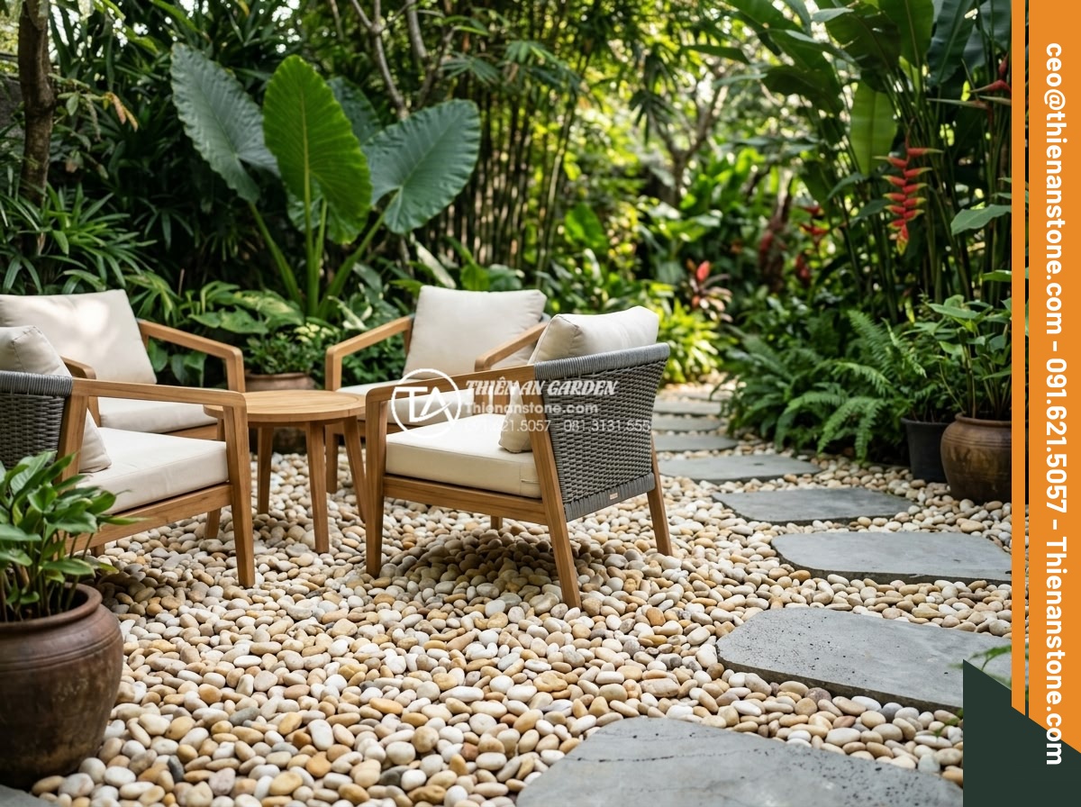 Sỏi Biển Trang Trí: Ưu Điểm Và Ứng Dụng Trong Tiểu Cảnh - Hình 8 Sỏi Biển Trang Trí: Ưu Điểm Và Ứng Dụng Trong Tiểu Cảnh - Modern backyard garden featuring sea pebbles as decorative ground cover around p