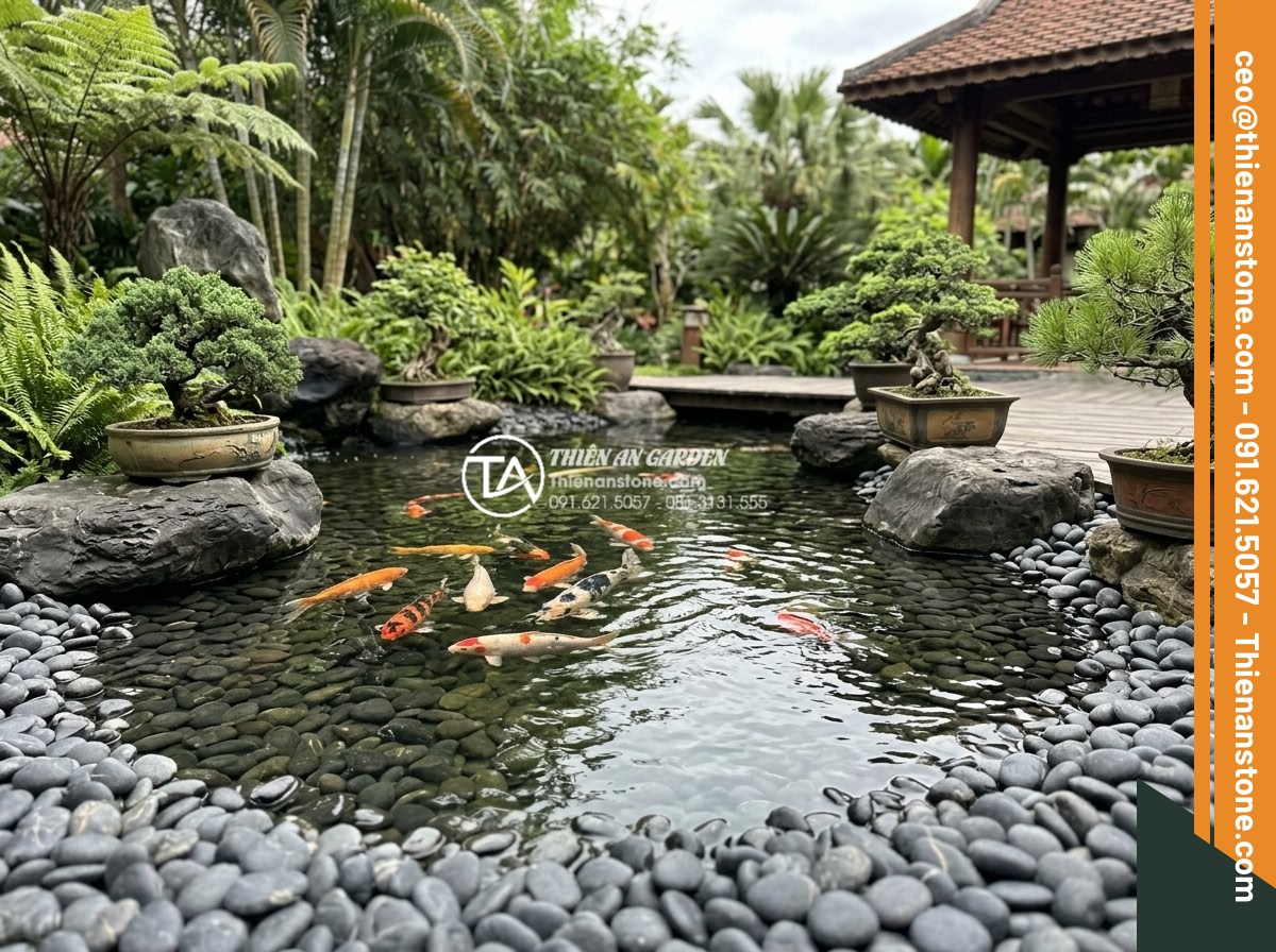Sỏi Biển Trang Trí: Ưu Điểm Và Ứng Dụng Trong Tiểu Cảnh - Hình 9 Sỏi Biển Trang Trí: Ưu Điểm Và Ứng Dụng Trong Tiểu Cảnh - Serene koi pond with sea pebbles lining the bottom and edges, colorful koi fish