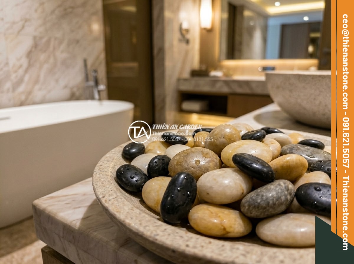 Sỏi Bóng Nhập Khẩu: Đẳng Cấp Cho Không Gian Nội Thất Cao Cấp - Hình 2 Sỏi Bóng Nhập Khẩu: Đẳng Cấp Cho Không Gian Nội Thất Cao Cấp - Close-up professional shot of imported polished pebbles in various natural color