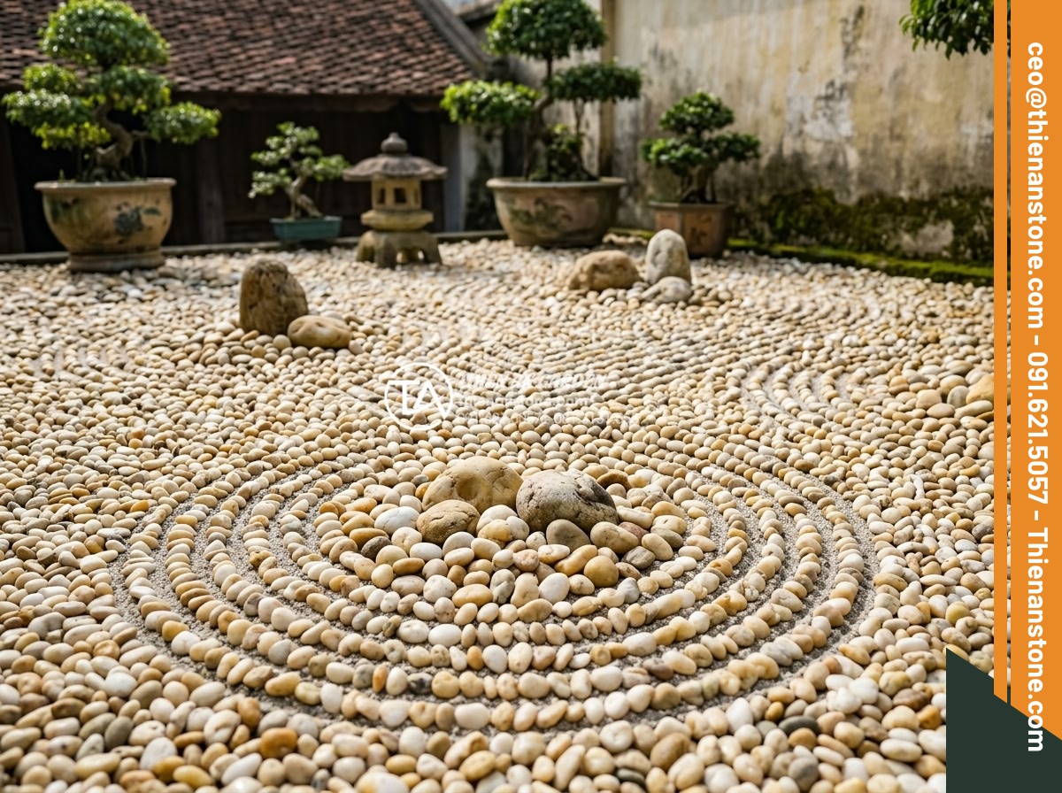Sỏi Cuội Lớn: Cách Tạo Điểm Nhấn Cho Sân Vườn Khô Zen Garden - Professional raking and final installation of large pebble accents in an artisti