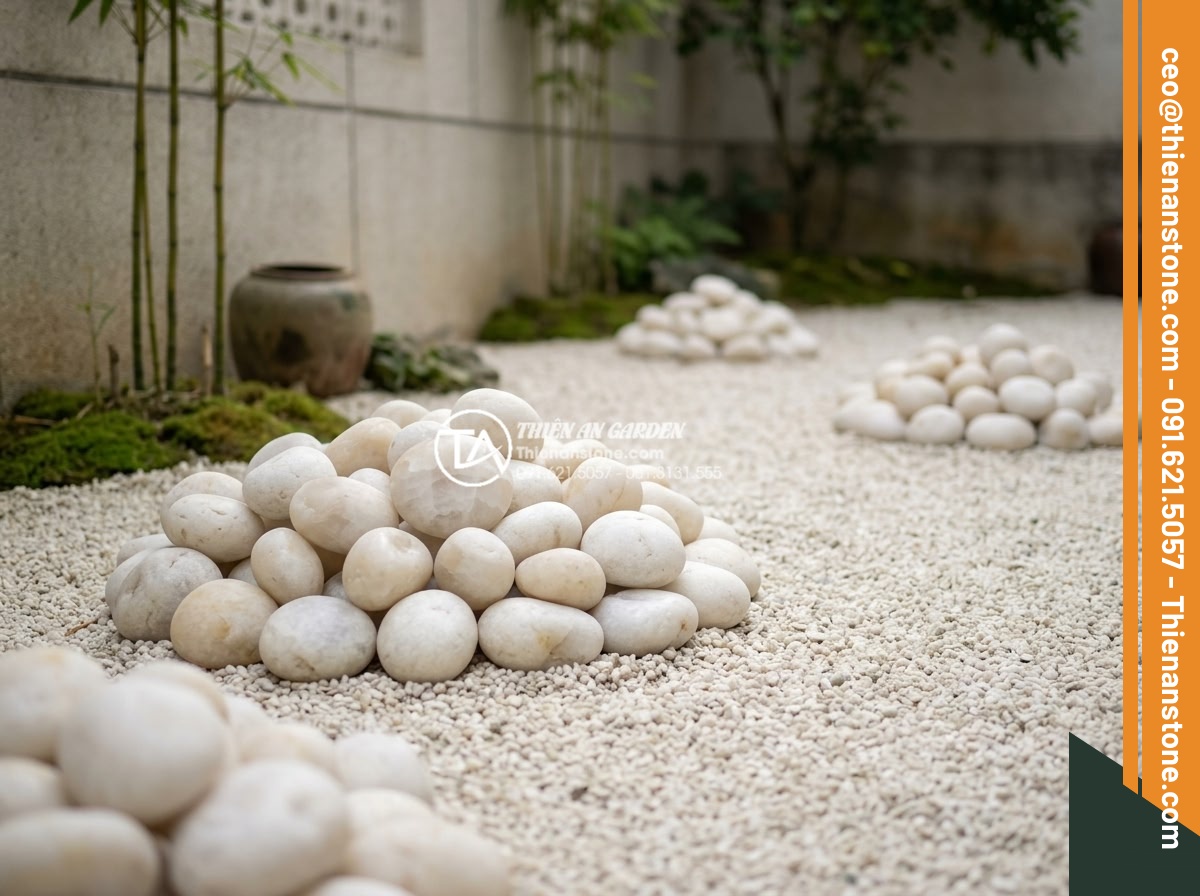 Sỏi Cuội Lớn: Cách Tạo Điểm Nhấn Cho Sân Vườn Khô Zen Garden - Creative grouping technique of large decorative river pebbles forming natural cl