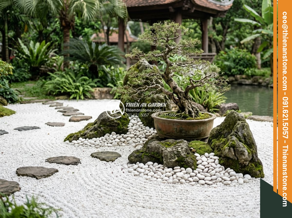 Sỏi Cuội Lớn: Cách Tạo Điểm Nhấn Cho Sân Vườn Khô Zen Garden - Integration of large pebbles with bonsai trees and bigger rocks in a traditional