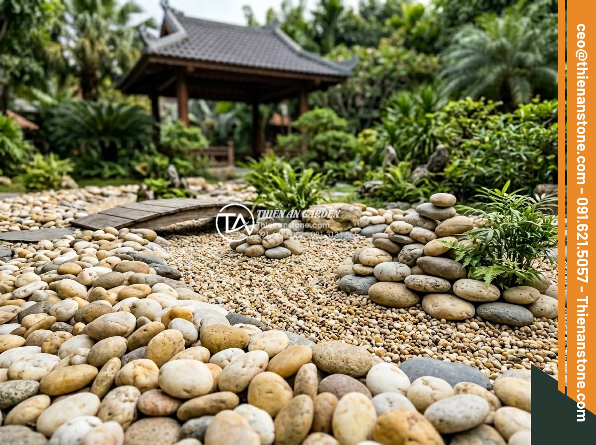Sỏi Cuội Lớn: Cách Tạo Điểm Nhấn Cho Sân Vườn Khô Zen Garden - Large pebbles combined with dry koi pond elements and miniature rockery features