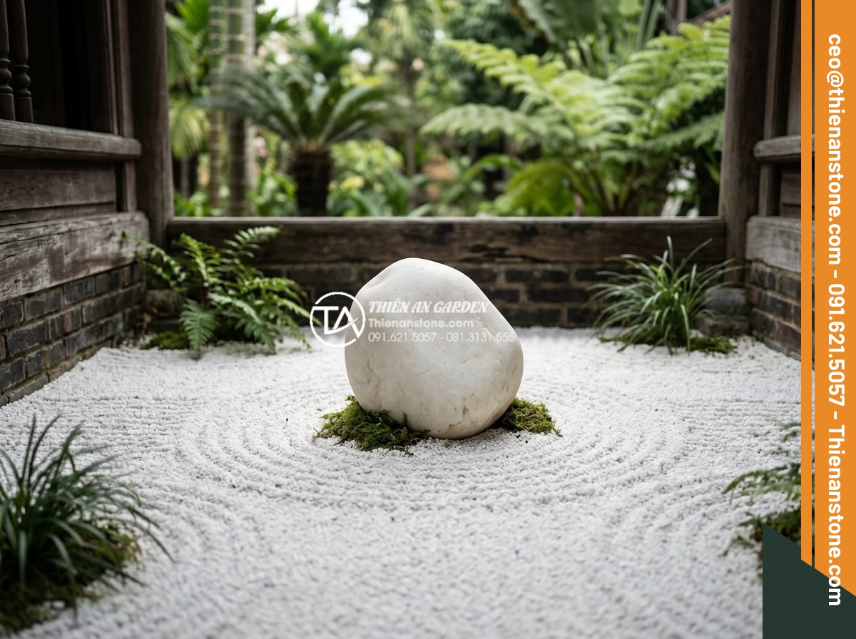 Sỏi Cuội Lớn: Cách Tạo Điểm Nhấn Cho Sân Vườn Khô Zen Garden - Minimalist Zen garden sample design centered around a single large pebble stone 