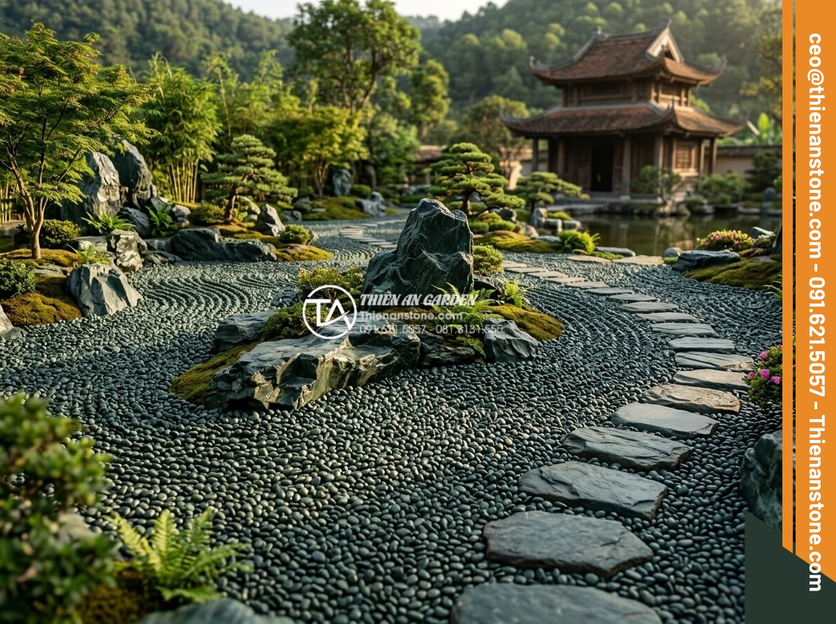 Sỏi Cuội Lớn: Cách Tạo Điểm Nhấn Cho Sân Vườn Khô Zen Garden - Expansive Japanese-style garden design featuring multiple large pebble clusters,