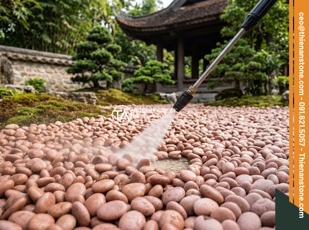 Sỏi Cuội Lớn: Cách Tạo Điểm Nhấn Cho Sân Vườn Khô Zen Garden - Maintenance demonstration showing cleaning of large pebbles in a Zen garden usin