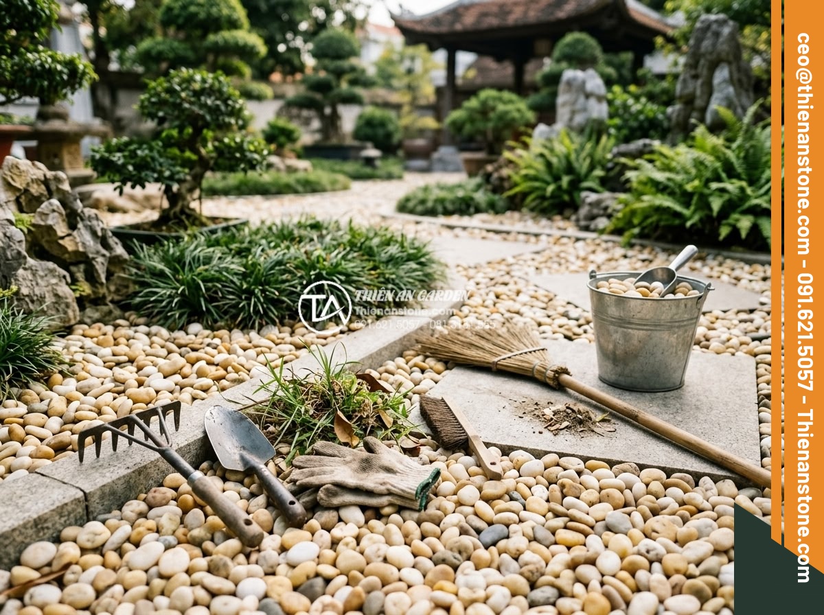 Sỏi Cuội Lớn: Cách Tạo Điểm Nhấn Cho Sân Vườn Khô Zen Garden - Expert tips visualization for pebble garden maintenance, including tools and sea