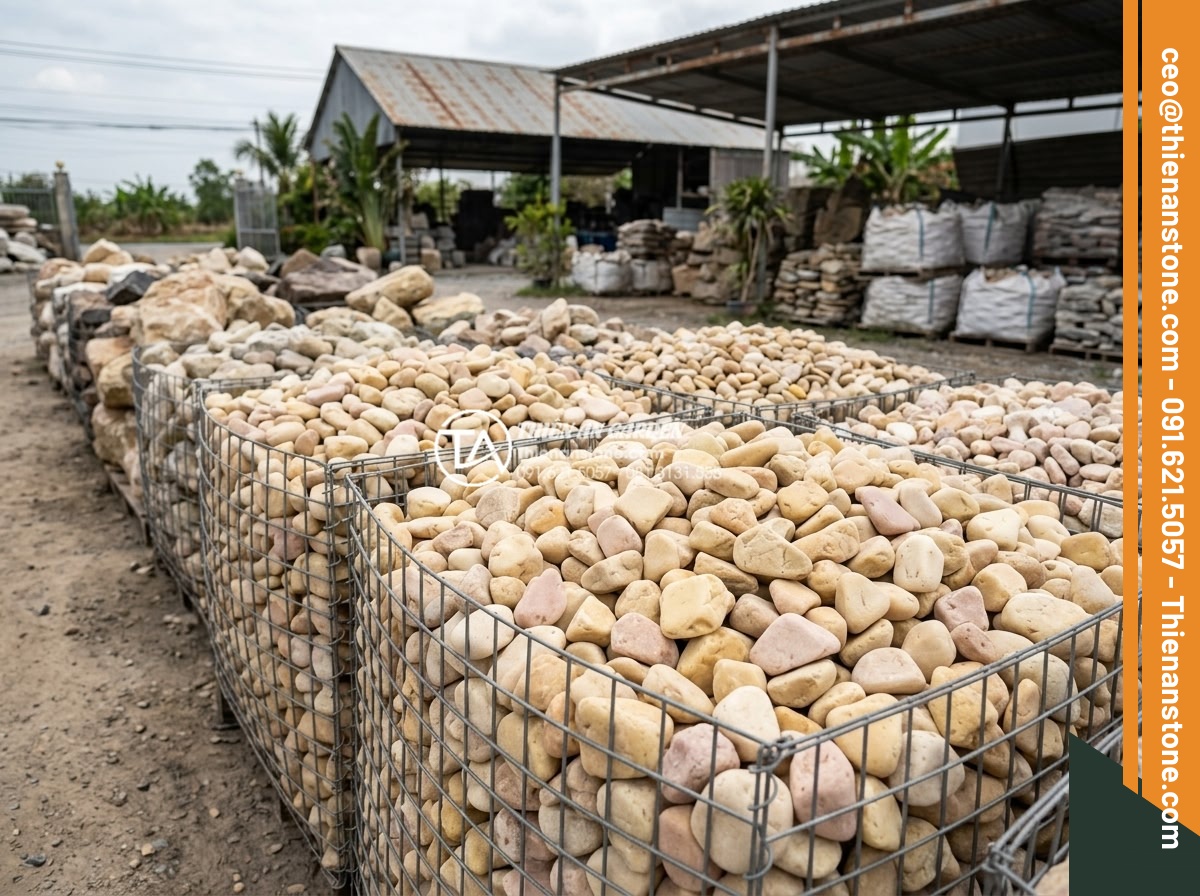 Sỏi Cuội Lớn: Cách Tạo Điểm Nhấn Cho Sân Vườn Khô Zen Garden - Professional stone supplier yard at Da Canh Thien An displaying high-quality lar