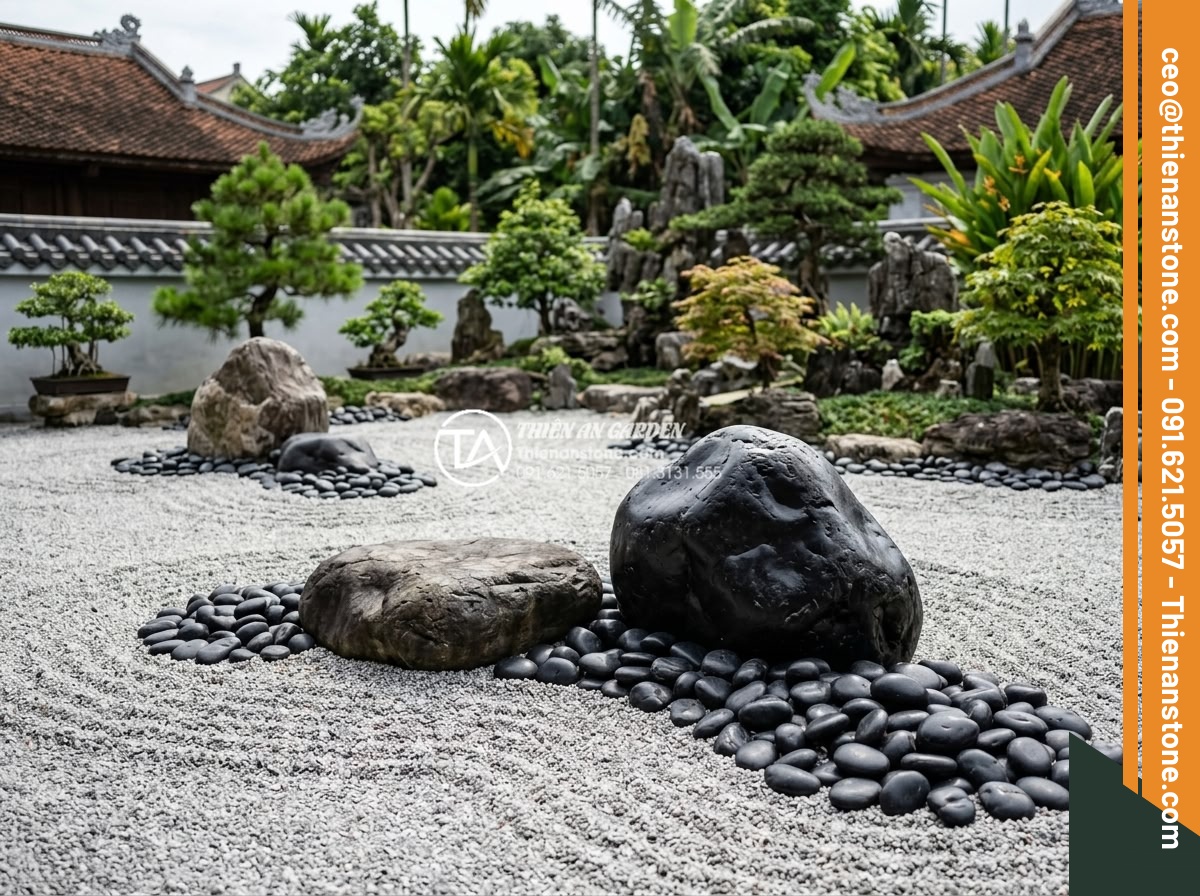 Sỏi Cuội Lớn: Cách Tạo Điểm Nhấn Cho Sân Vườn Khô Zen Garden - Wide angle shot of a serene Zen dry garden featuring prominent large pebble ston