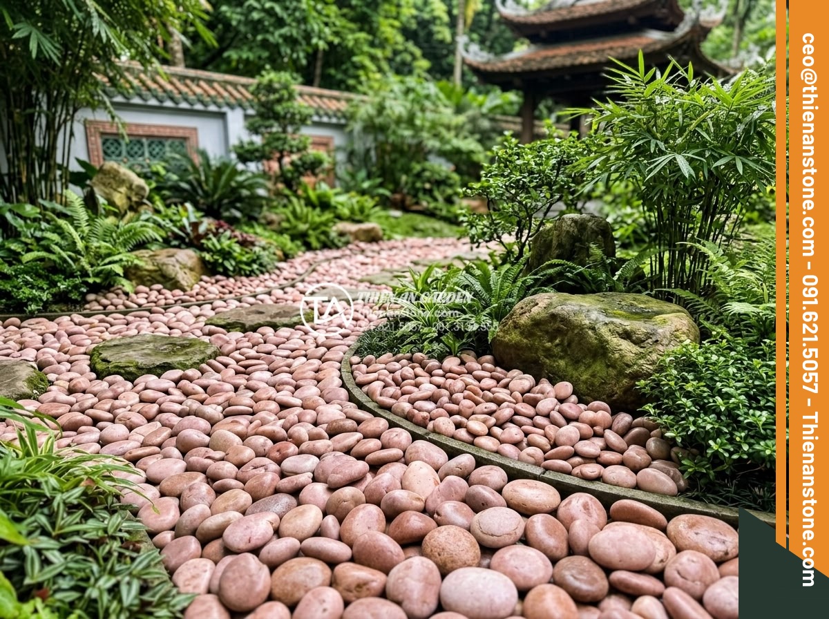 Sỏi Cuội Lớn: Cách Tạo Điểm Nhấn Cho Sân Vườn Khô Zen Garden - Completed Zen garden project by Thien An Stone featuring custom large pebble ins