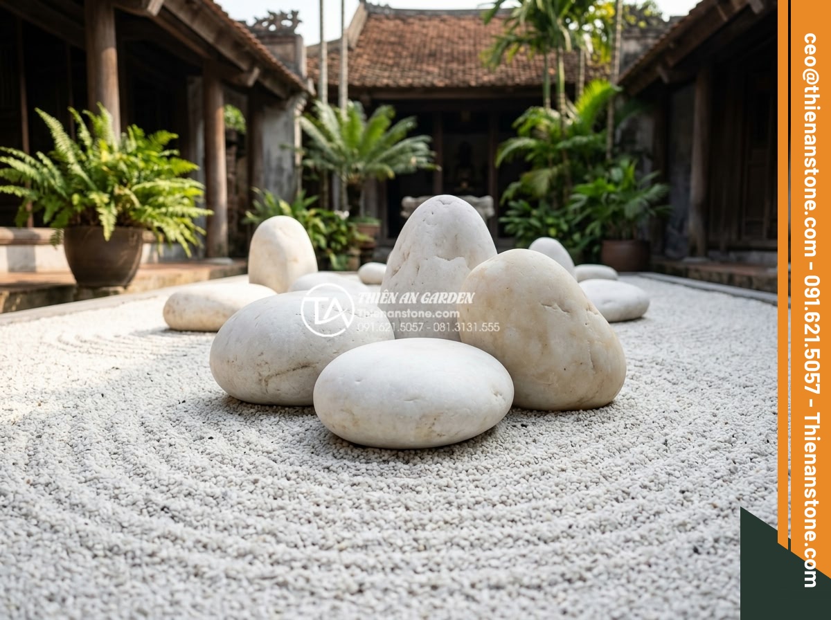 Sỏi Cuội Lớn: Cách Tạo Điểm Nhấn Cho Sân Vườn Khô Zen Garden - Artistic arrangement of oversized smooth river pebbles as accent features in a J
