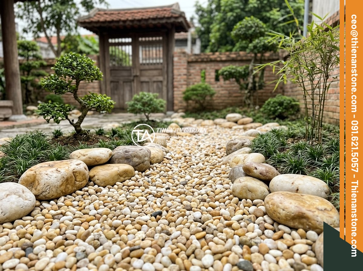 Sỏi Cuội Lớn: Cách Tạo Điểm Nhấn Cho Sân Vườn Khô Zen Garden - Detailed landscape of a dry Zen garden highlighting large pebble accents placed 