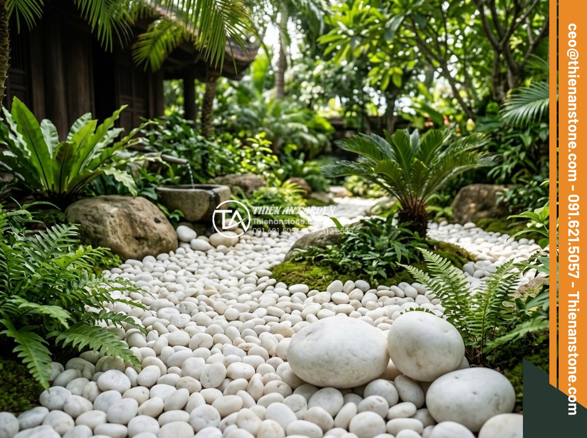 Sỏi Cuội Lớn: Cách Tạo Điểm Nhấn Cho Sân Vườn Khô Zen Garden - Eco-friendly large pebble stones integrated into sustainable Zen garden design, 