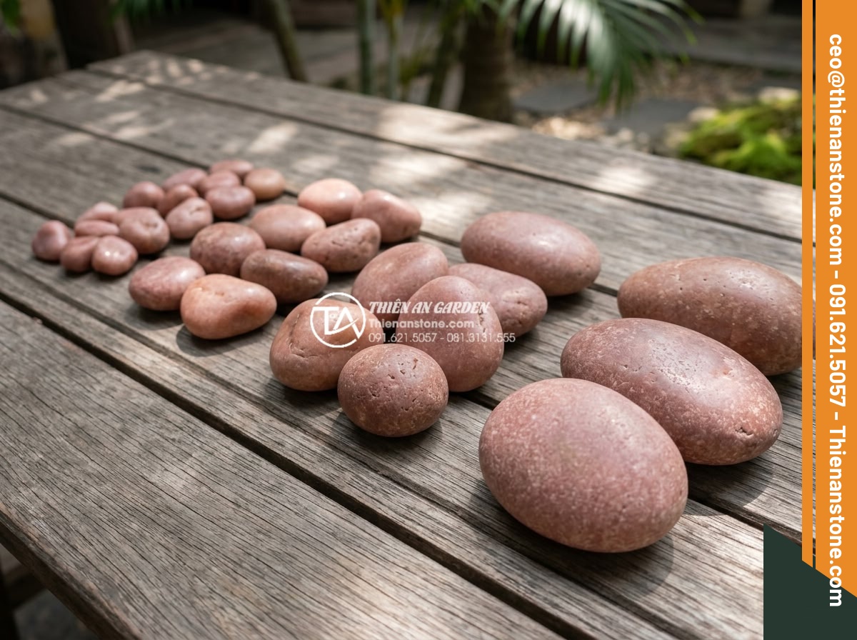 Sỏi Cuội Lớn: Cách Tạo Điểm Nhấn Cho Sân Vườn Khô Zen Garden - Selection guide illustration with various sizes and colors of large river pebble