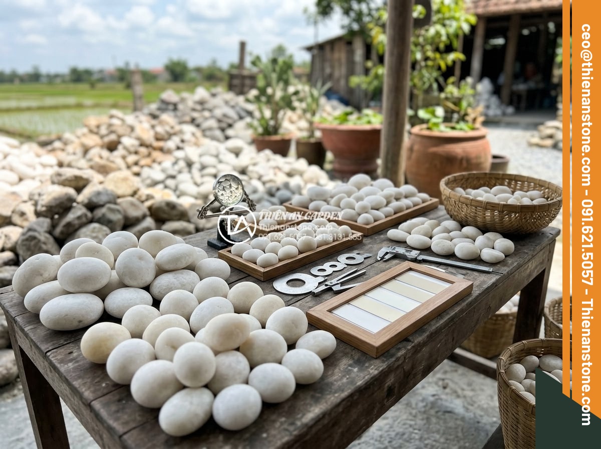 Sỏi Cuội Lớn: Cách Tạo Điểm Nhấn Cho Sân Vườn Khô Zen Garden - Professional selection process of premium large pebbles at a stone yard, with ex