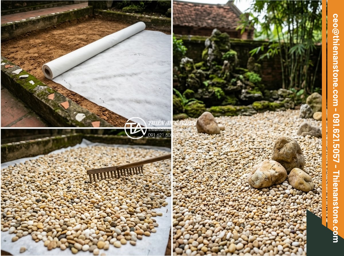 Sỏi Cuội Lớn: Cách Tạo Điểm Nhấn Cho Sân Vườn Khô Zen Garden - Step-by-step construction process of preparing base layer with geotextile fabric