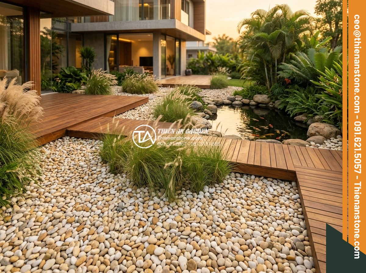Sỏi Cuội Trang Trí Sân Vườn: Vẻ Đẹp Tự Nhiên Từ Những Viên Đá Cuội - Wide angle view of a luxurious modern villa garden featuring extensive areas cov