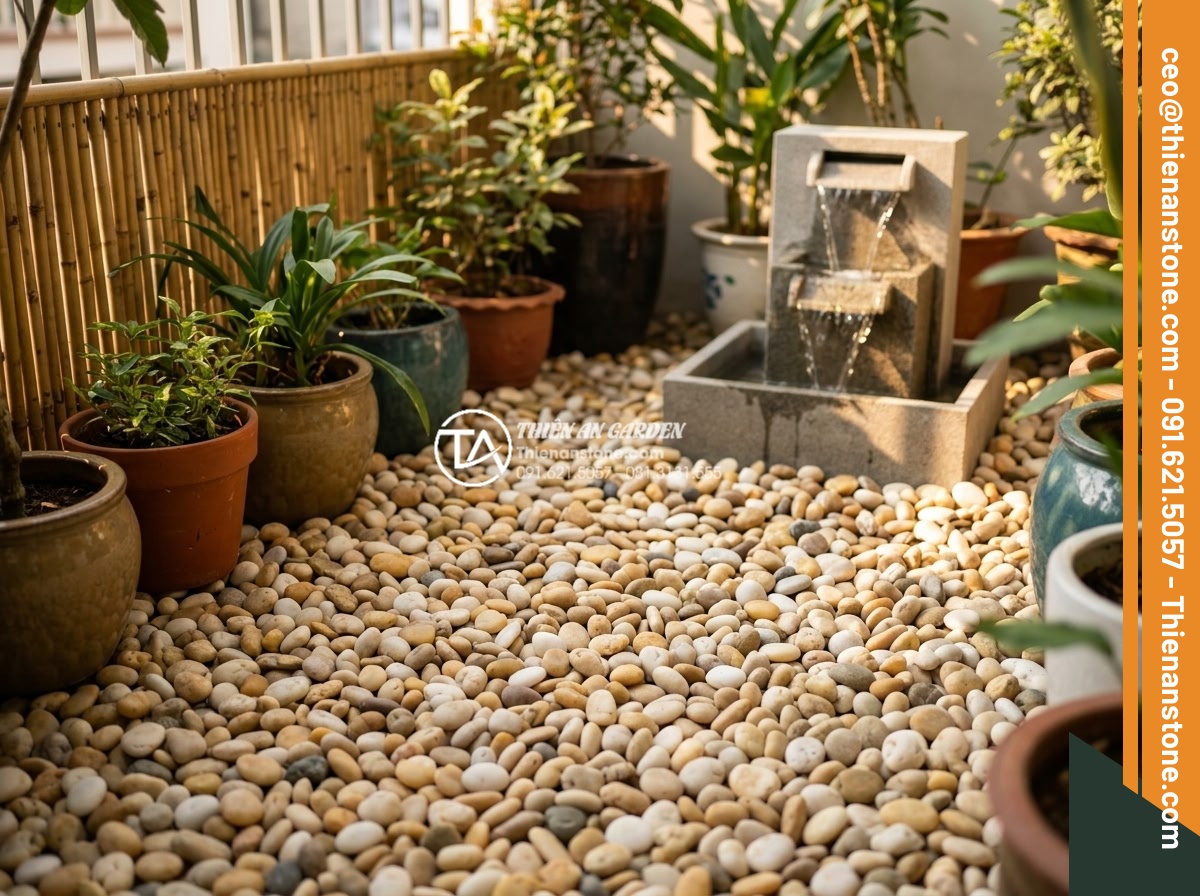 Sỏi Cuội Trang Trí Sân Vườn: Vẻ Đẹp Tự Nhiên Từ Những Viên Đá Cuội - Beautiful small urban courtyard garden with natural pebbles in soft beige and gr