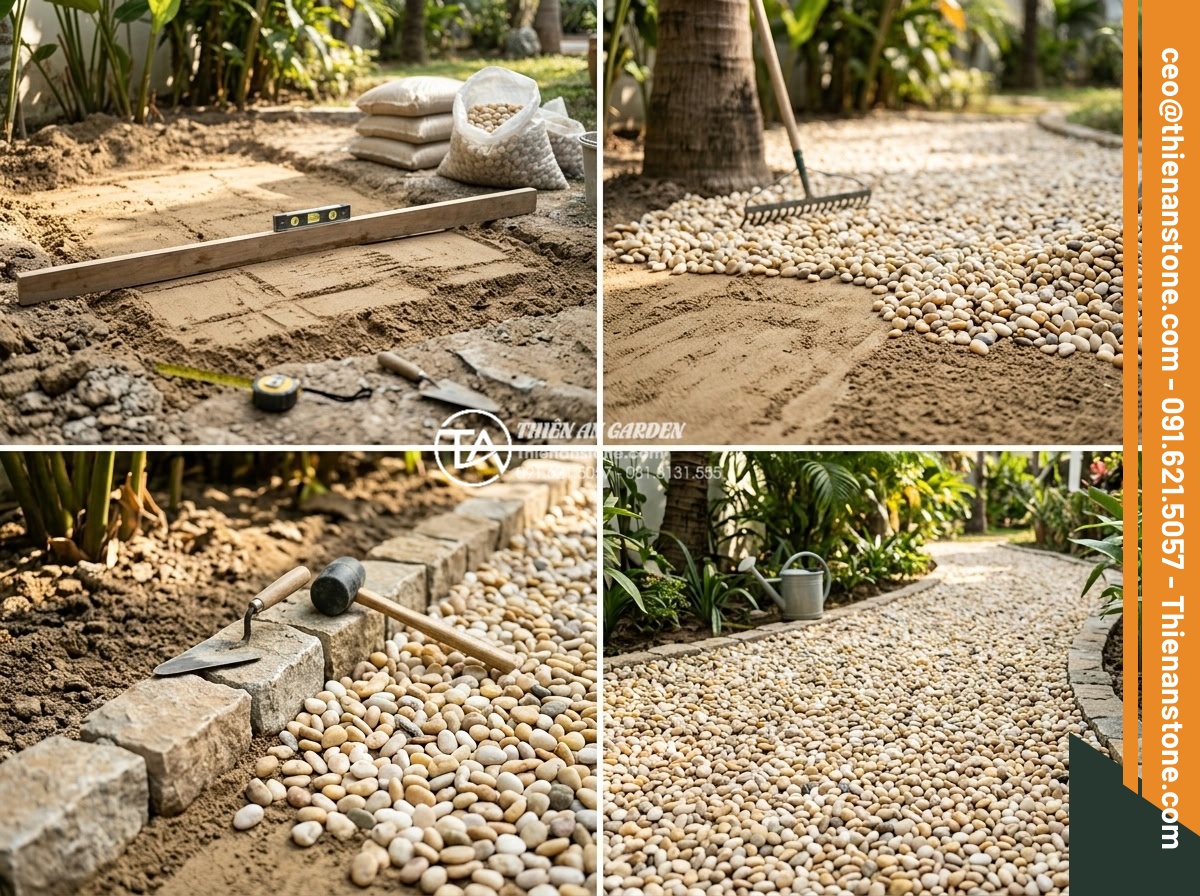 Sỏi Cuội Trang Trí Sân Vườn: Vẻ Đẹp Tự Nhiên Từ Những Viên Đá Cuội - Step-by-step professional installation process of natural river pebbles in a gar