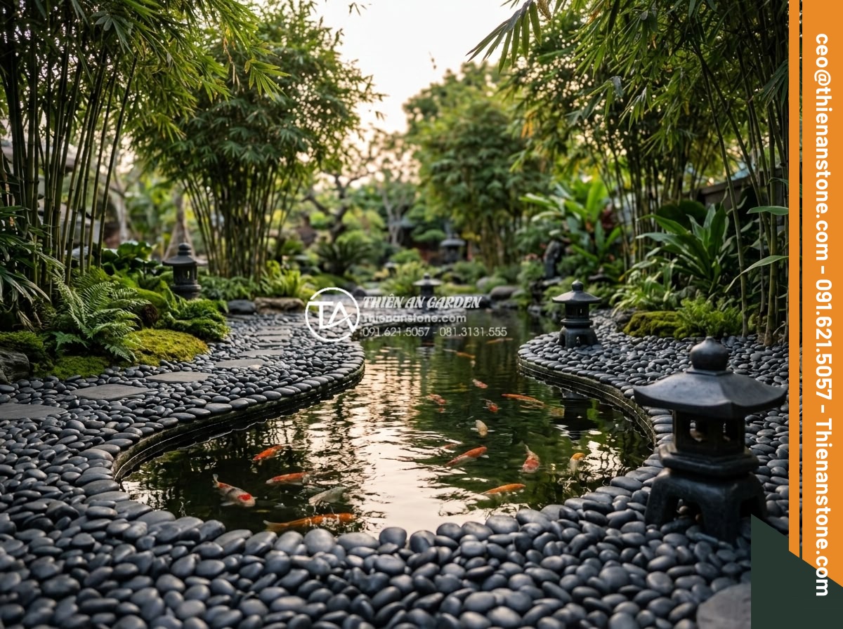 Sỏi Cuội Trang Trí Sân Vườn: Vẻ Đẹp Tự Nhiên Từ Những Viên Đá Cuội - Artistic garden scene featuring a koi pond bordered by smooth river pebbles in n