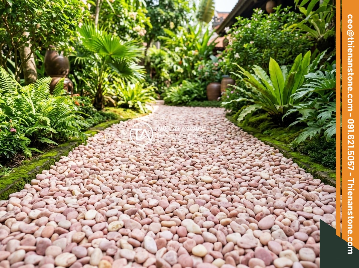 Sỏi Cuội Trang Trí Sân Vườn: Vẻ Đẹp Tự Nhiên Từ Những Viên Đá Cuội - Clean and well-maintained garden pathway made of natural river pebbles after pro