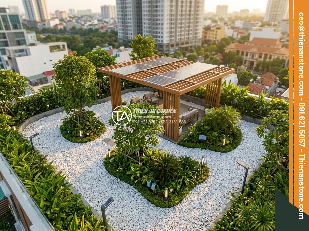 Sỏi Cuội Trang Trí Sân Vườn: Vẻ Đẹp Tự Nhiên Từ Những Viên Đá Cuội - Futuristic sustainable garden design for 2026 featuring large areas of natural r