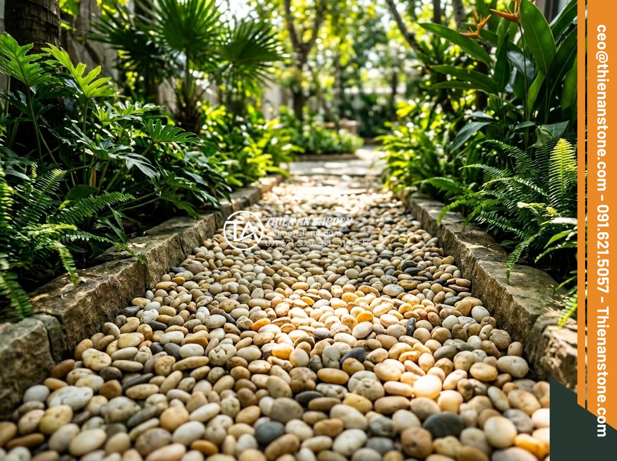 Sỏi Đa Sắc: Sự Kết Hợp Màu Sắc Tự Nhiên Cho Sân Vườn Sinh Động - Vibrant multicolored pebbles scattered across a modern garden path with lush gre