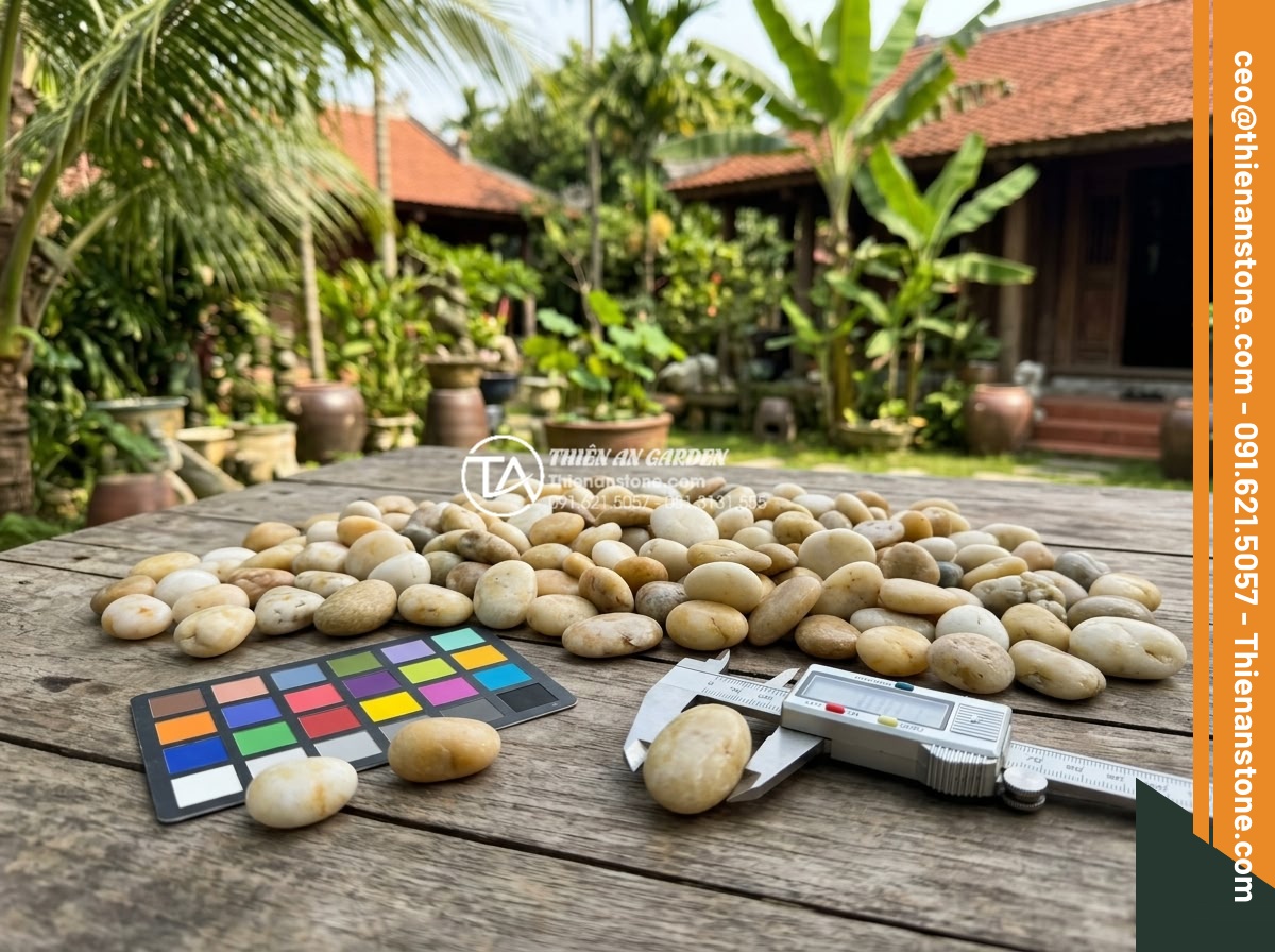 Sỏi Đa Sắc: Sự Kết Hợp Màu Sắc Tự Nhiên Cho Sân Vườn Sinh Động - Quality inspection of premium multicolored pebbles with measurement tools and co