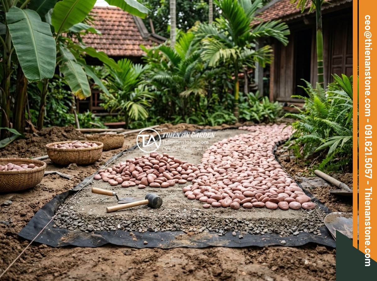 Sỏi Đa Sắc: Sự Kết Hợp Màu Sắc Tự Nhiên Cho Sân Vườn Sinh Động - Professional construction process of laying colorful pebbles in a garden with to