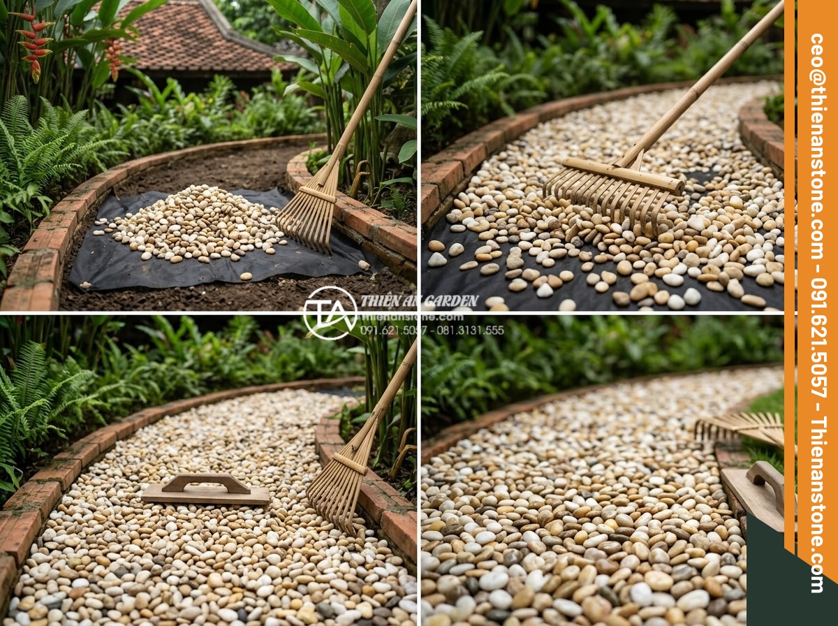 Sỏi Đa Sắc: Sự Kết Hợp Màu Sắc Tự Nhiên Cho Sân Vườn Sinh Động - Step-by-step installation of multi-colored pebbles showing raking tools and fina