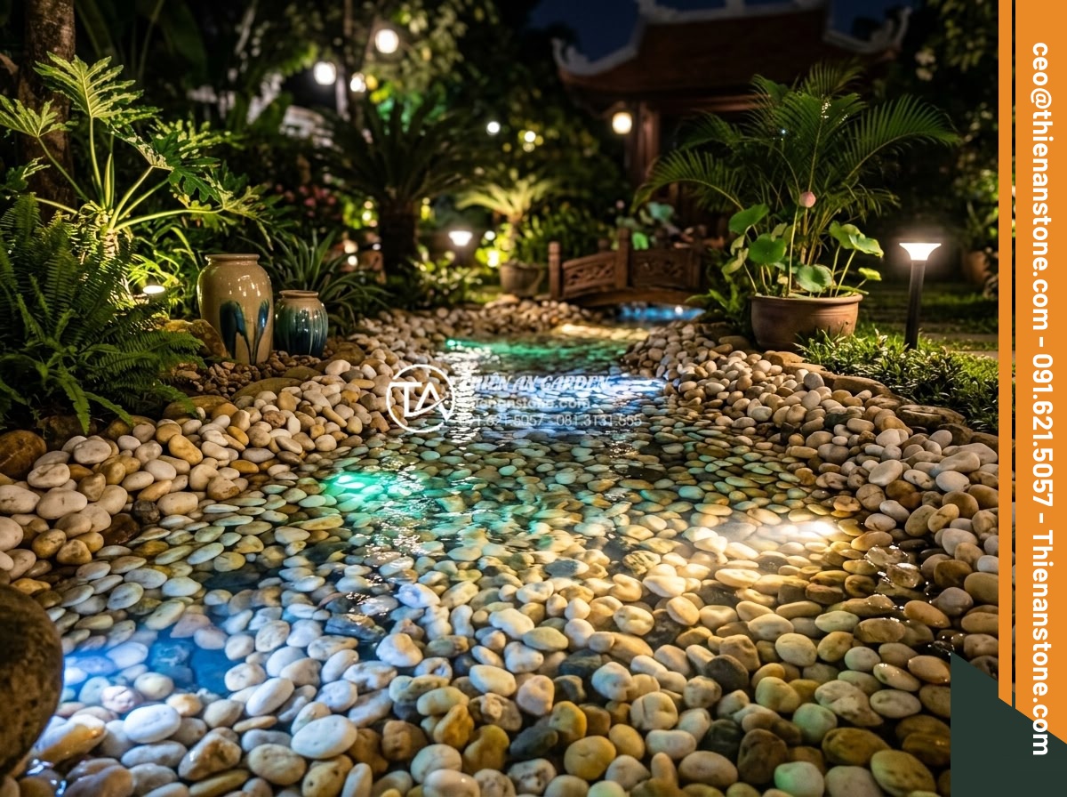 Sỏi Đa Sắc: Sự Kết Hợp Màu Sắc Tự Nhiên Cho Sân Vườn Sinh Động - Night view of illuminated multicolored pebbles with water features and subtle ga