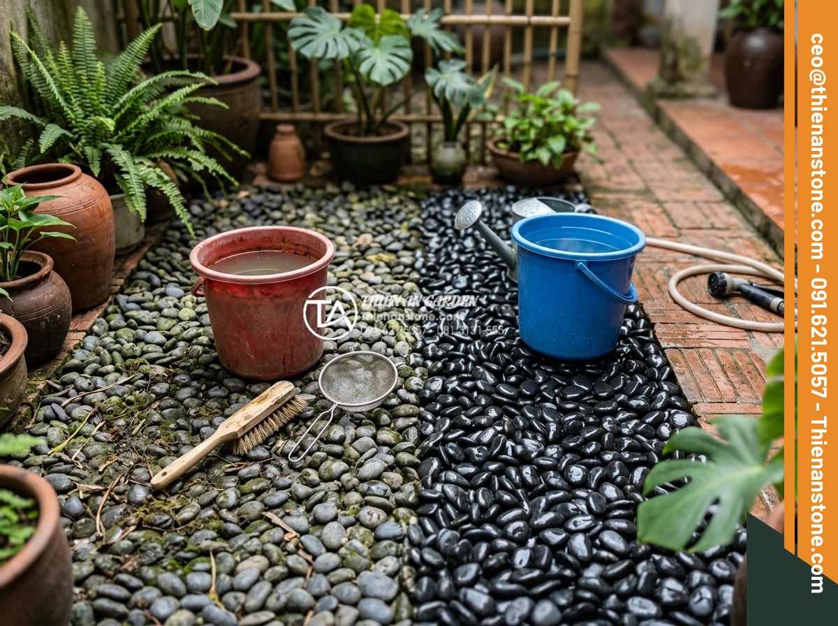 Sỏi Đa Sắc: Sự Kết Hợp Màu Sắc Tự Nhiên Cho Sân Vườn Sinh Động - Maintenance process of cleaning multicolored garden pebbles with tools and befor