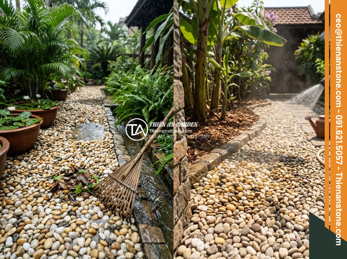 Sỏi Đa Sắc: Sự Kết Hợp Màu Sắc Tự Nhiên Cho Sân Vườn Sinh Động - Seasonal care tips illustration for multicolored pebbles in garden during rainy 