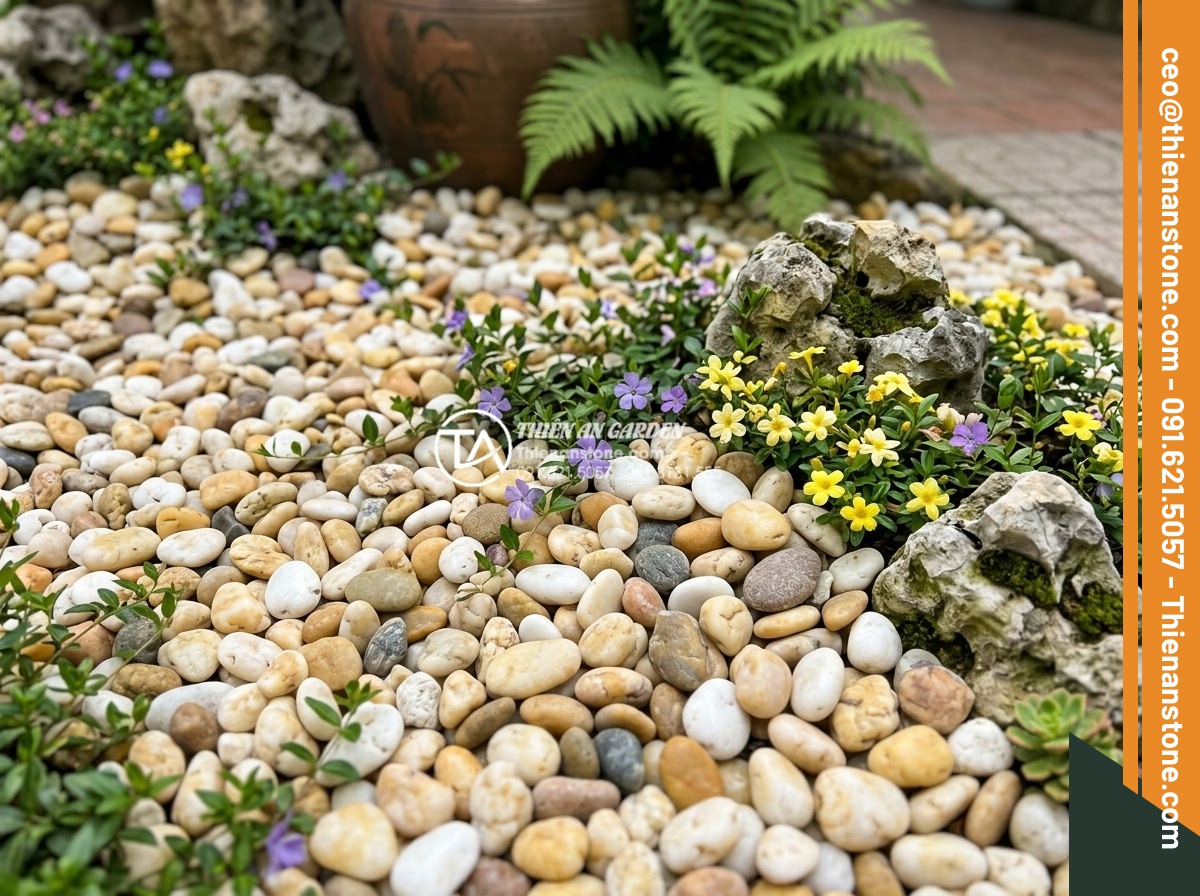 Sỏi Đa Sắc: Sự Kết Hợp Màu Sắc Tự Nhiên Cho Sân Vườn Sinh Động - Close-up view of multi-colored river pebbles mixed in garden landscaping with sm