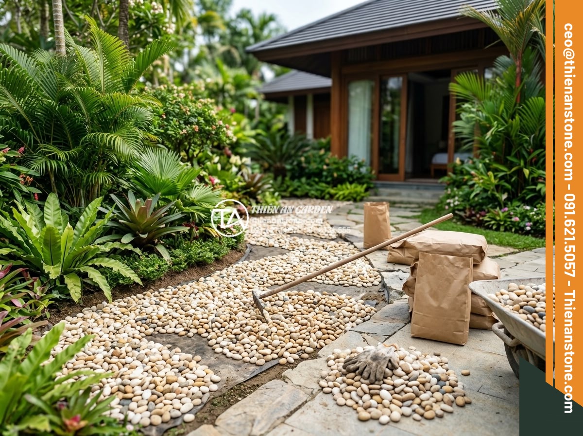 Sỏi Đa Sắc: Sự Kết Hợp Màu Sắc Tự Nhiên Cho Sân Vườn Sinh Động - Professional team installing multicolored pebbles in a luxury villa garden proje