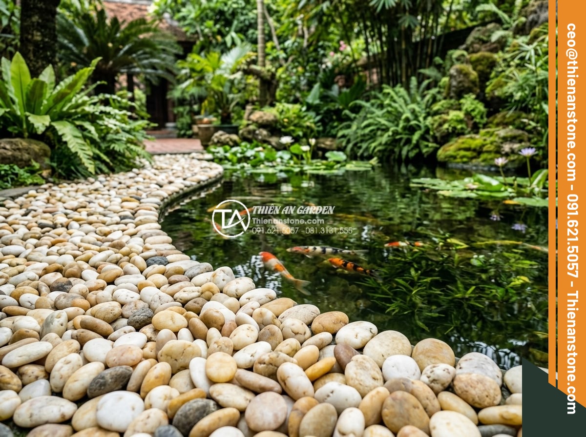 Sỏi Đa Sắc: Sự Kết Hợp Màu Sắc Tự Nhiên Cho Sân Vườn Sinh Động - Smooth river pebbles in various natural colors forming a decorative border aroun