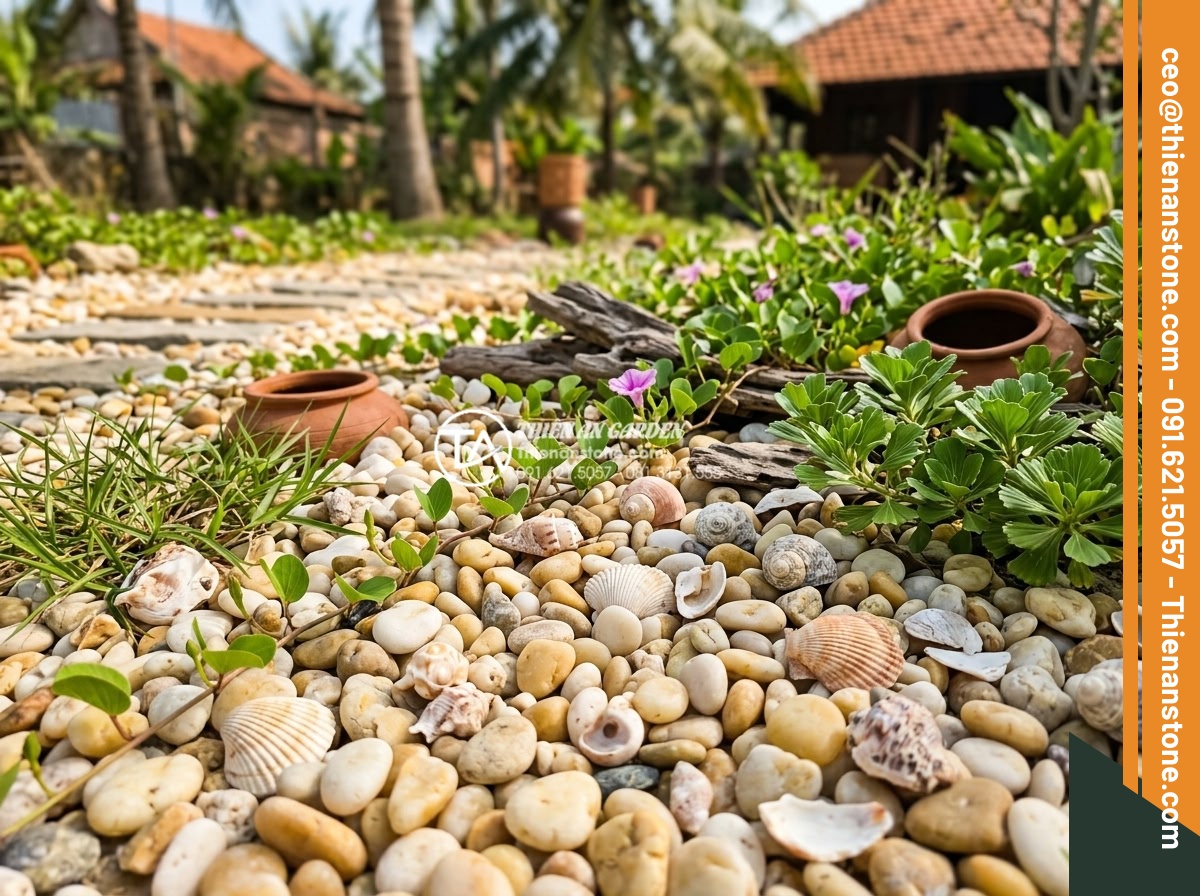 Sỏi Đa Sắc: Sự Kết Hợp Màu Sắc Tự Nhiên Cho Sân Vườn Sinh Động - Ocean-inspired multicolored sea pebbles mixed with seashells and coastal plants 