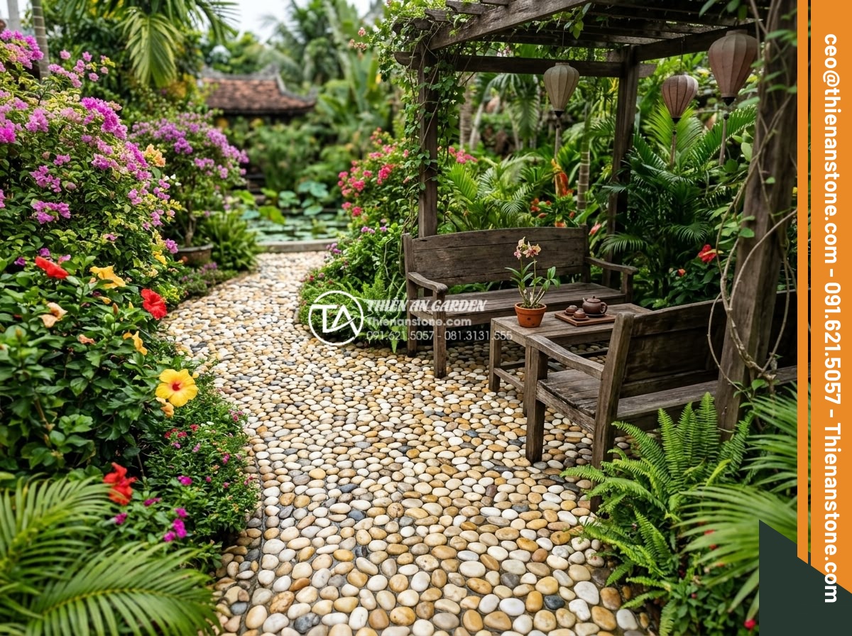 Sỏi Đa Sắc: Sự Kết Hợp Màu Sắc Tự Nhiên Cho Sân Vườn Sinh Động - Colorful pebble pathway winding through a relaxing garden seating area with wood