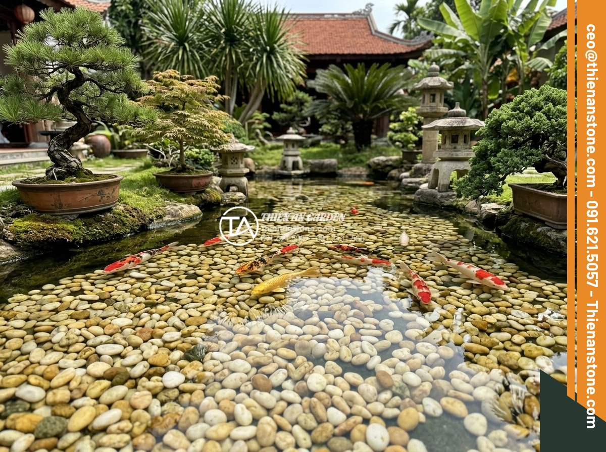 Sỏi Đa Sắc: Sự Kết Hợp Màu Sắc Tự Nhiên Cho Sân Vườn Sinh Động - Multi-colored pebbles lining the bottom of a koi pond surrounded by bonsai trees
