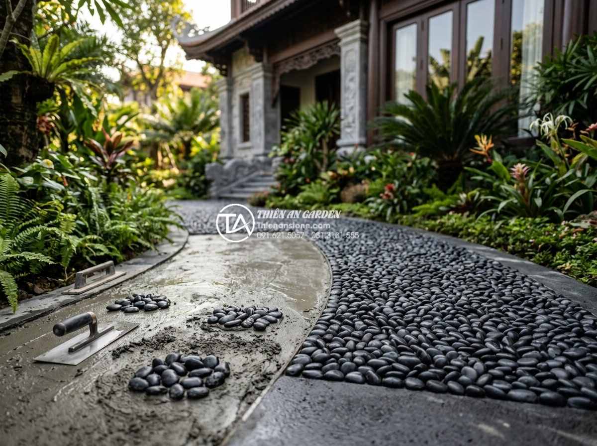 Sỏi Quay Là Gì? Tại Sao Nên Dùng Sỏi Quay Cho Lối Đi Bộ? - Professional team from Da Canh Thien An installing soi quay path in a luxury vil