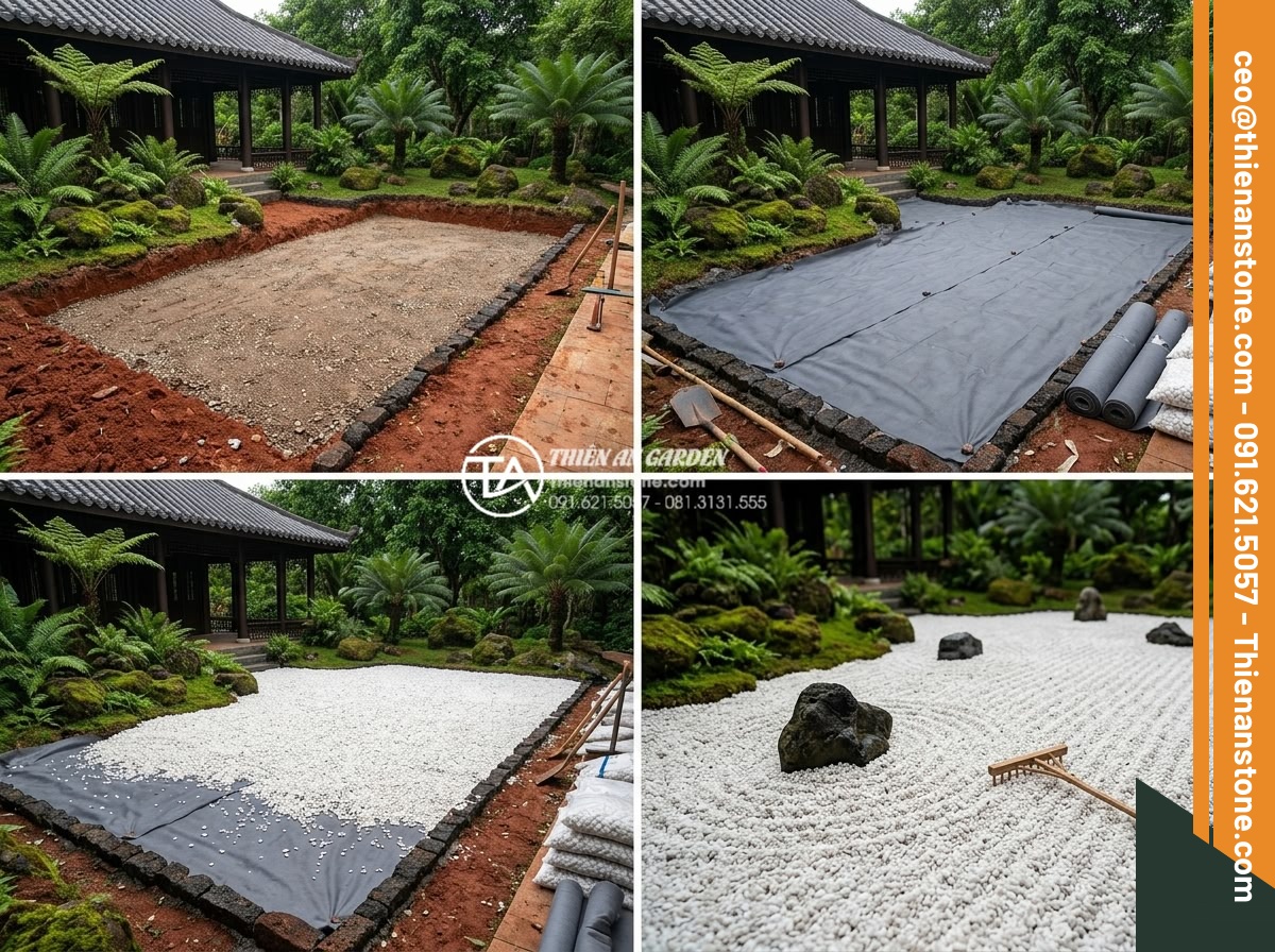 Sỏi Sân Vườn Nhật Bản: Tinh Thần Zen Trong Kiến Trúc Cảnh Quan - Professional step-by-step construction process of Japanese gravel garden includi