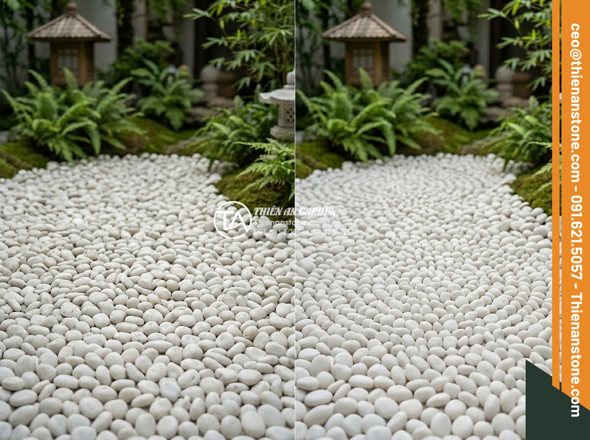 Sỏi Sân Vườn Nhật Bản: Tinh Thần Zen Trong Kiến Trúc Cảnh Quan - Before and after maintenance comparison of well-cared Japanese garden pebbles sh