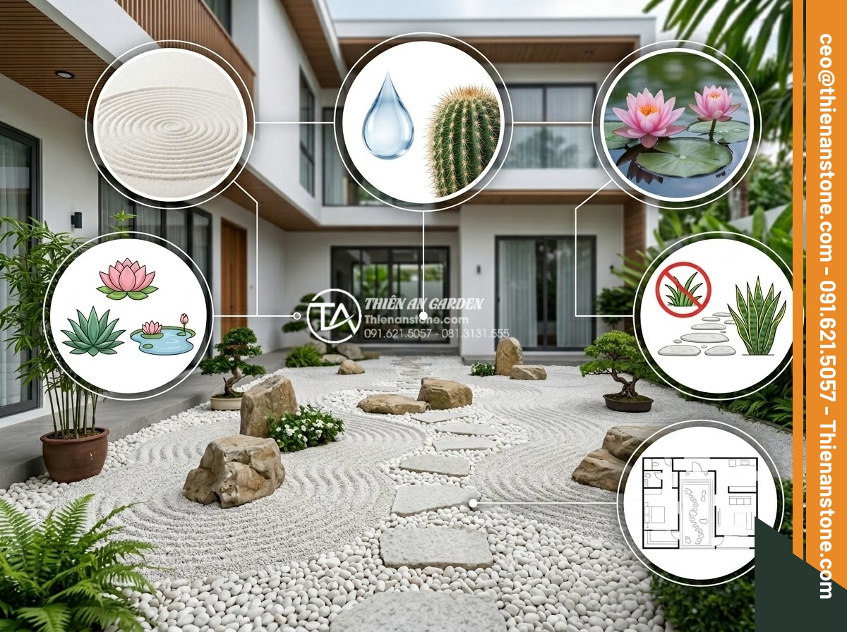 Sỏi Sân Vườn Nhật Bản: Tinh Thần Zen Trong Kiến Trúc Cảnh Quan - Infographic style image highlighting multiple benefits of Zen gravel gardens in 