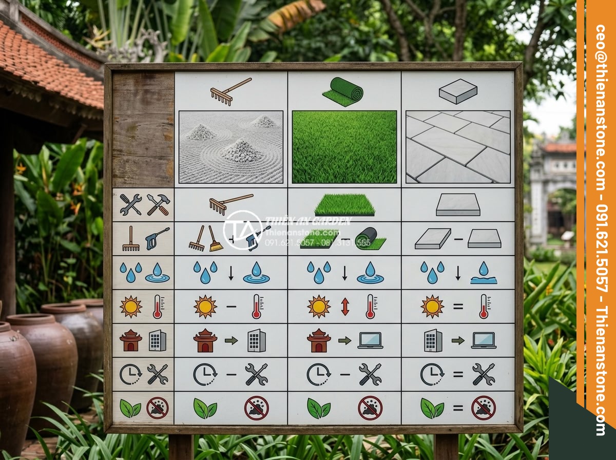 Sỏi Sân Vườn Nhật Bản: Tinh Thần Zen Trong Kiến Trúc Cảnh Quan - Detailed comparison chart between Japanese Zen gravel, artificial turf and stone