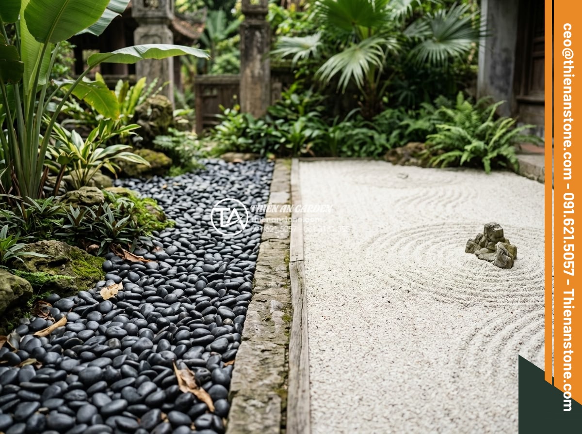 Sỏi Sân Vườn Nhật Bản: Tinh Thần Zen Trong Kiến Trúc Cảnh Quan - Side-by-side visual comparison of different landscape materials in actual garden