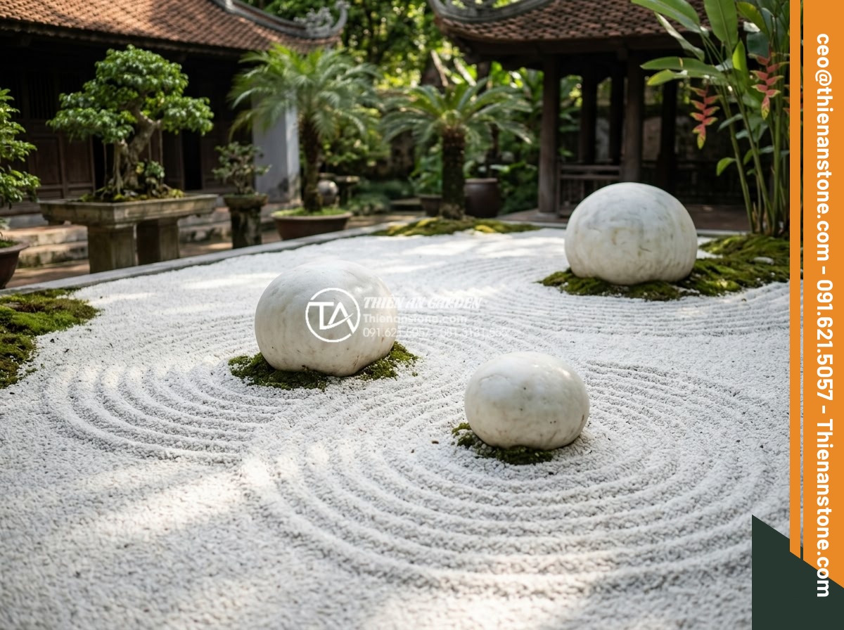 Sỏi Sân Vườn Nhật Bản: Tinh Thần Zen Trong Kiến Trúc Cảnh Quan - Symbolic Zen gravel arrangement in Japanese garden illustrating mindfulness and 