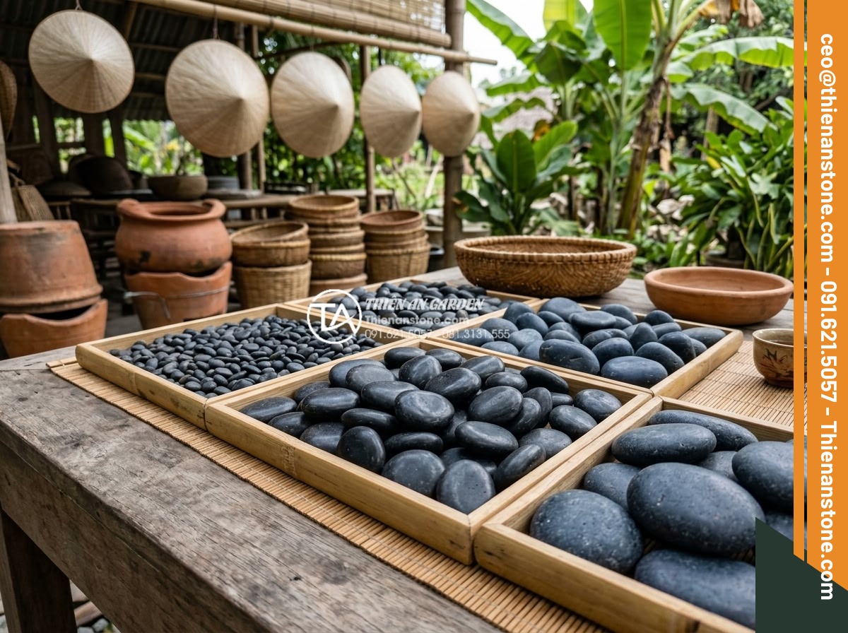 Sỏi Sân Vườn Nhật Bản: Tinh Thần Zen Trong Kiến Trúc Cảnh Quan - Comparison chart style image of popular Japanese Zen garden pebbles showing text