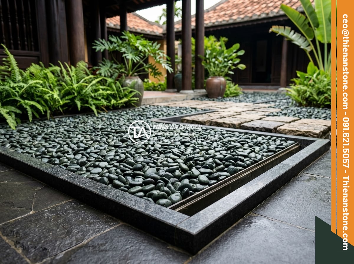Sỏi Sân Vườn: Tổng Hợp Các Loại Sỏi Trang Trí Đẹp Nhất 2026 - Completed pebble garden installation showing clean edges and perfect drainage